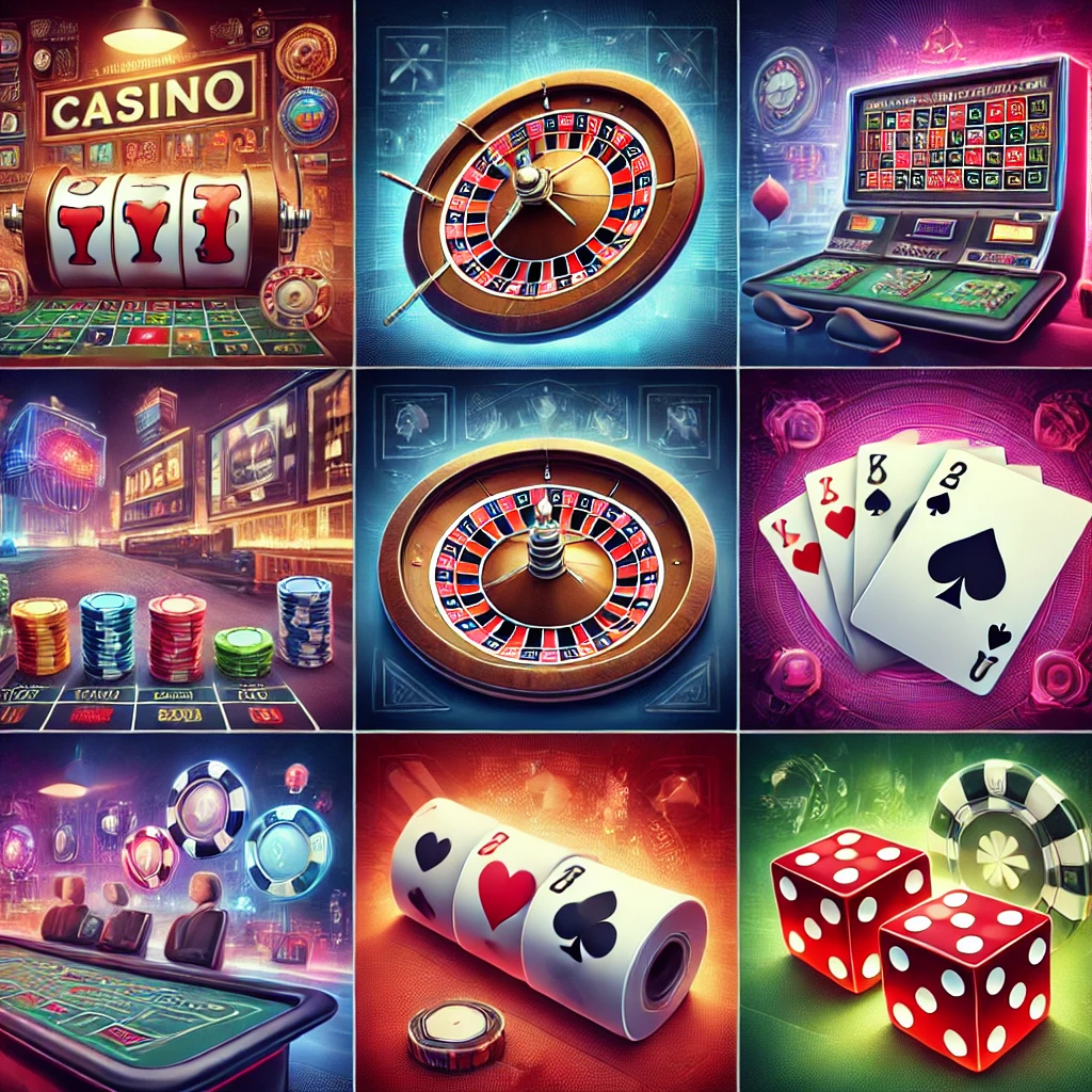 Collection of online casino games including slots, roulette and cards