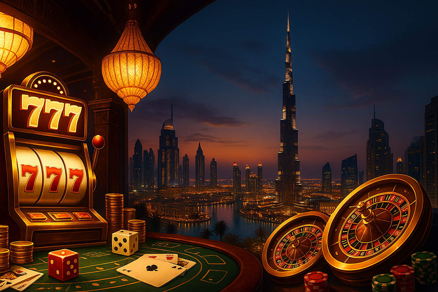 Illustration of social casino style games with coins and cards for UAE players